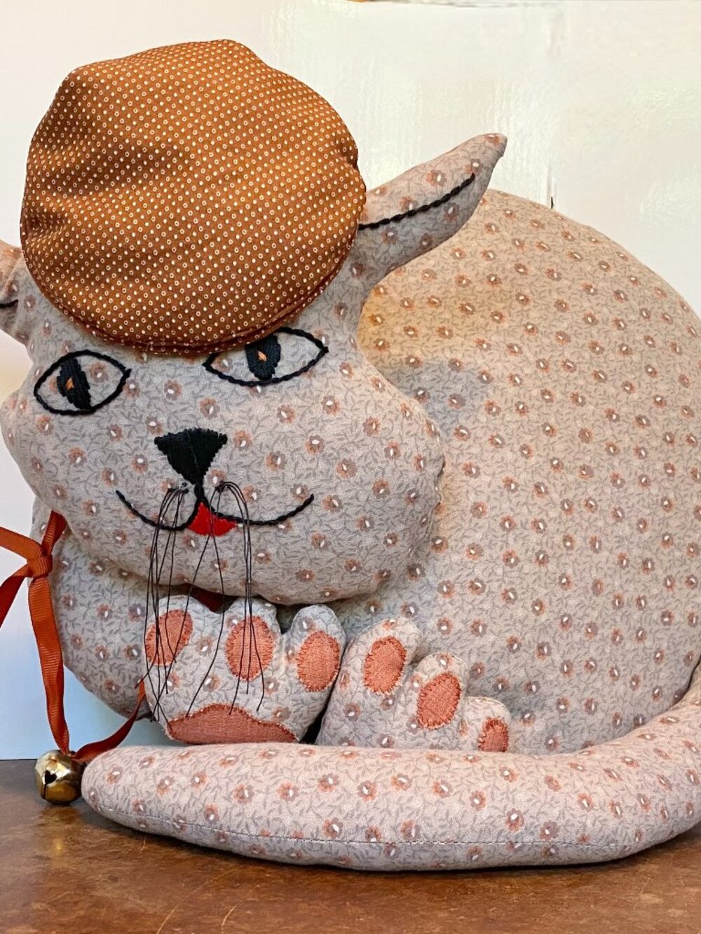 Quilted Cat Hat Pillow Rustic Cottage Country Plushie Decorative Vintage